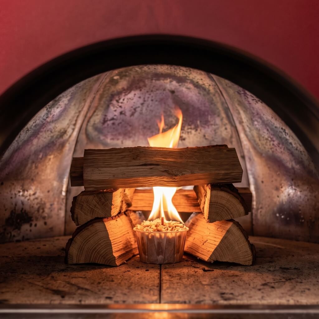 Qwick Wick fire starter igniting split oak logs inside an Alfa wood-fired pizza oven.