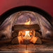 Qwick Wick fire starter igniting split oak logs inside an Alfa wood-fired pizza oven.