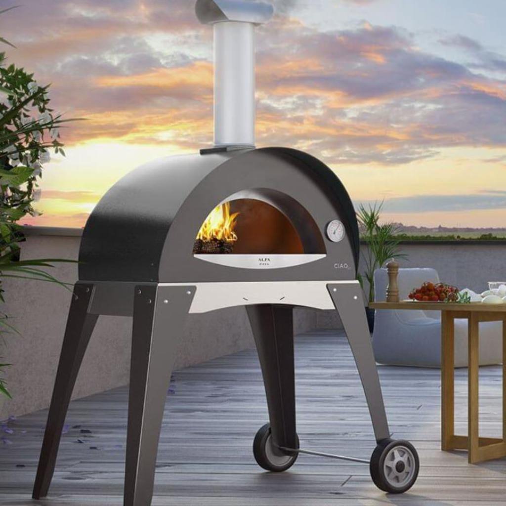Alfa Forni Ciao M Wood Fired Pizza Oven Leg Kit on Back Porch
