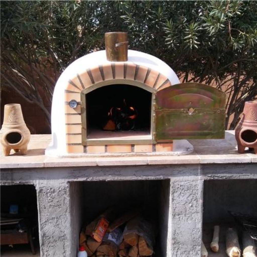 Authentic Pizza Ovens Lisboa Countertop Wood Fired Pizza Oven with Door Open and Fire Burning
