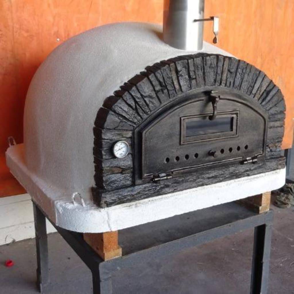 Authentic Pizza Ovens Premium Buena Ventura Black Stone Countertop Pizza Oven on Stand with Orange Background