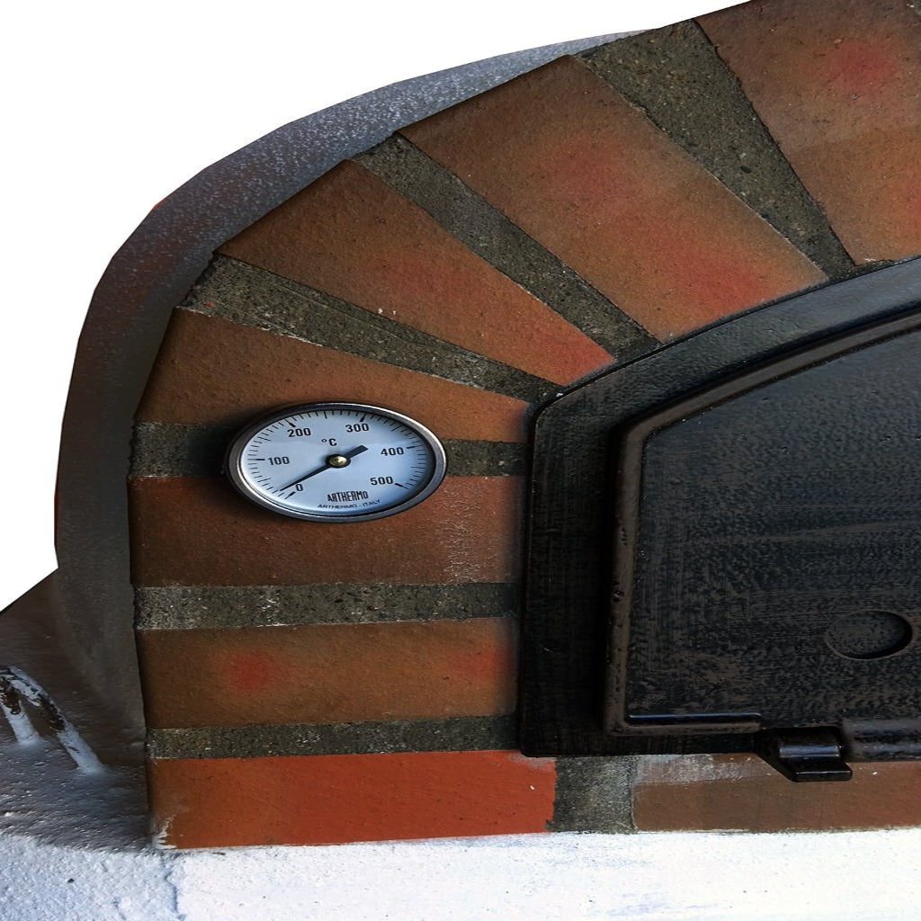 Authentic Pizza Ovens Premium Pizzaioli Rustic Brick Arch Countertop Wood Fired Pizza Oven Thermometer Close Up View