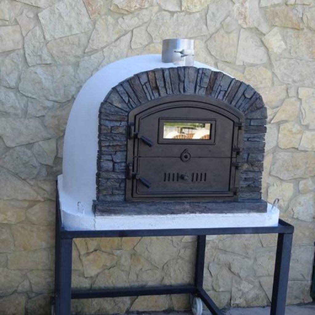 Authentic Pizza Ovens Premium Ventura Black Stone Countertop Wood Fired Pizza Oven Outside on Black Stand with Door Closed