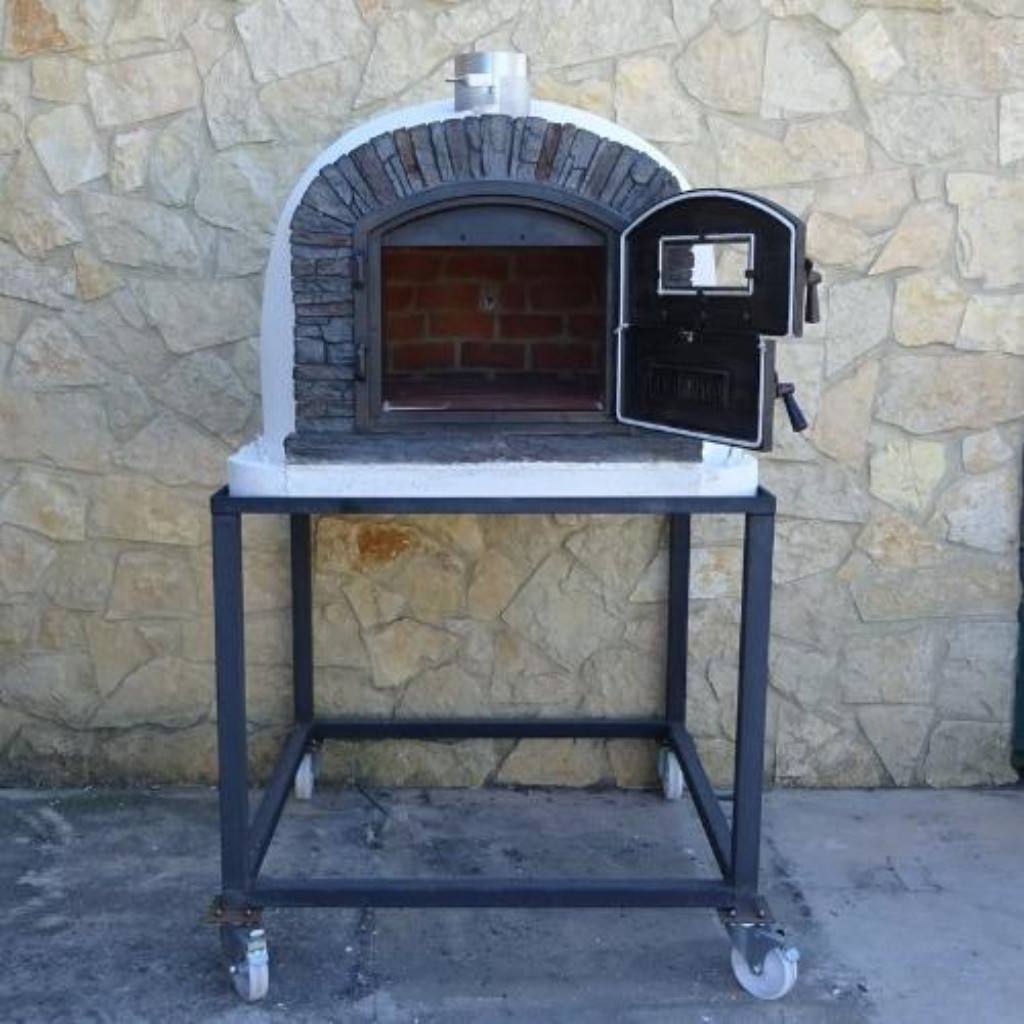 Authentic Pizza Ovens Premium Ventura Black Stone Countertop Wood Fired Pizza Oven on Back Patio on Stand with Both Doors Open