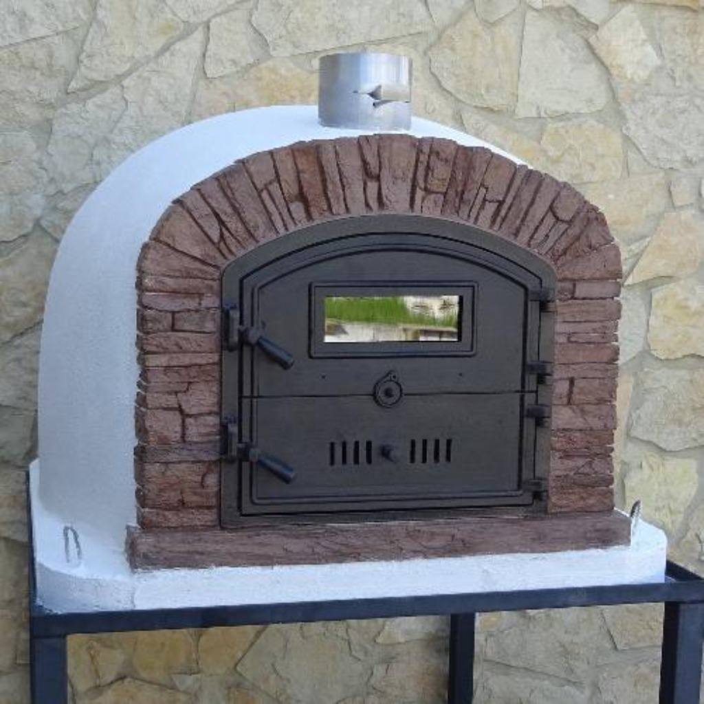 Authentic Pizza Ovens Premium Ventura Red Brick Countertop Wood Fired Pizza Oven Outdoors on Patio on Black Stand