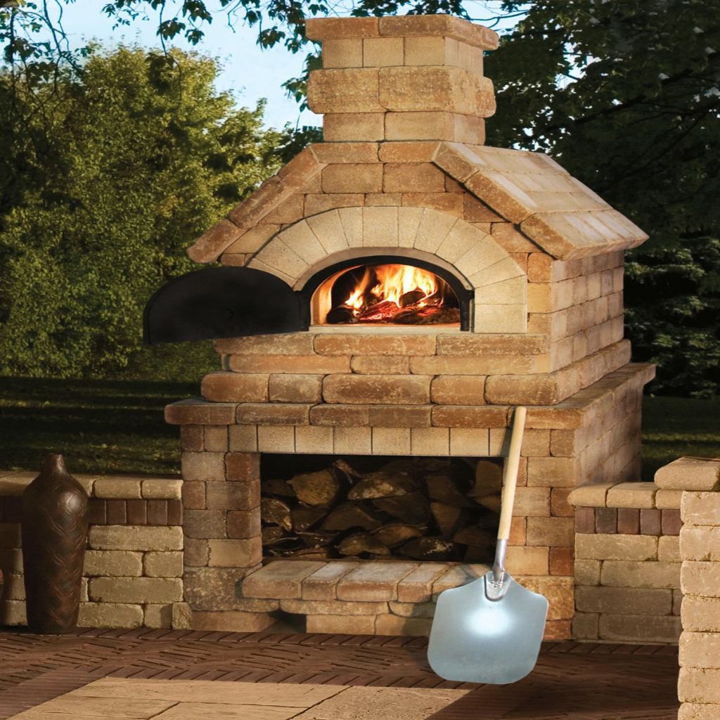 Chicago Brick Oven CBO 1000 Commercial Wood Fired Pizza Oven Kit Back Porch Residential Installation with Oven Door Open and Fire Burning Inside
