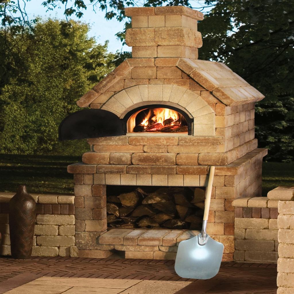 Chicago Brick Oven CBO 1000 Commercial Wood Fired Pizza Oven Kit Back Porch Residential Installation with Oven Door Open and Fire Burning Inside