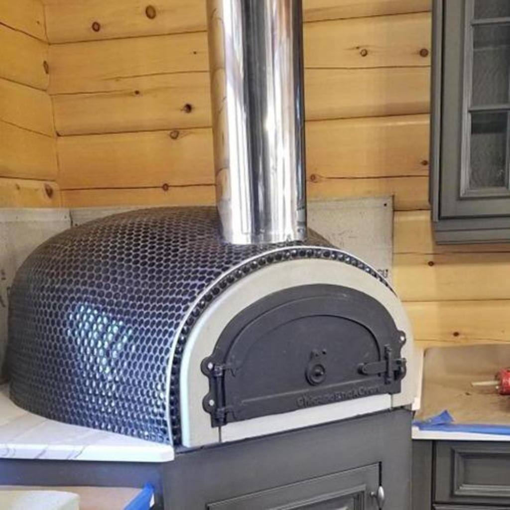 Chicago Brick Oven CBO 1000 Commercial Wood Fired Pizza Oven Kit Covered in Tile with Chimney Pipe Extension