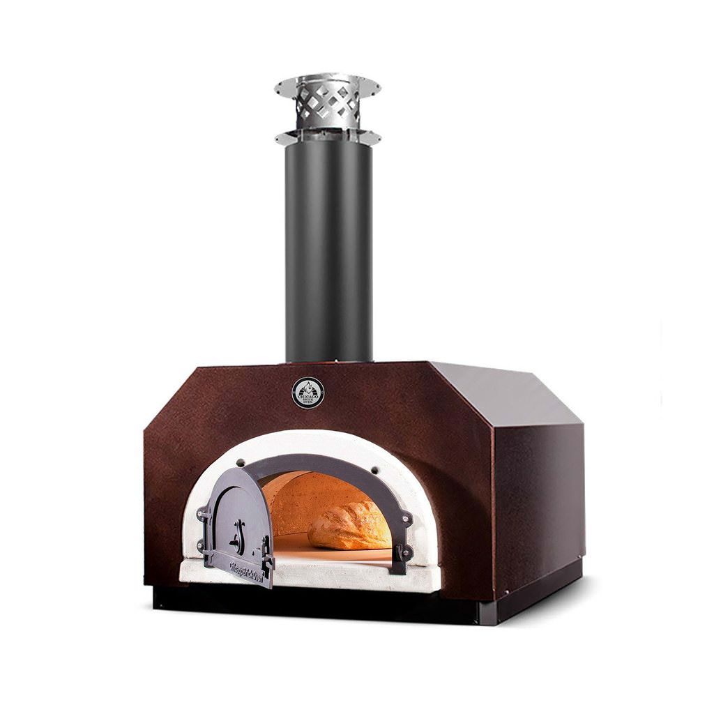 Chicago Brick Oven CBO 500 Countertop Wood Fired Pizza Oven CBO-O-CT-500-CV Copper Vein with Door Open and Bread Inside