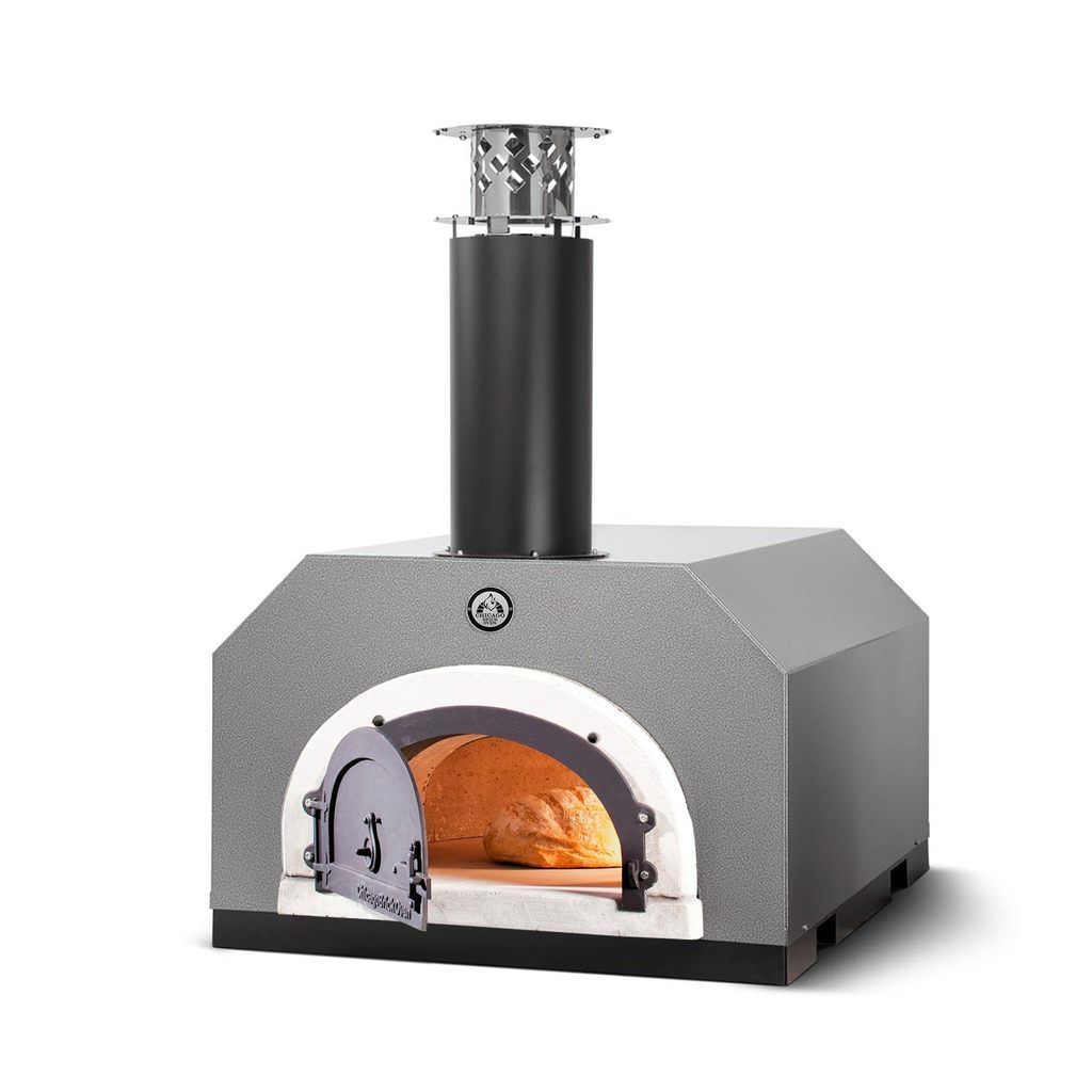 Chicago Brick Oven CBO 500 Countertop Wood Fired Pizza Oven CBO-O-CT-500-SV Silver Vein with Door Open and Bread Inside