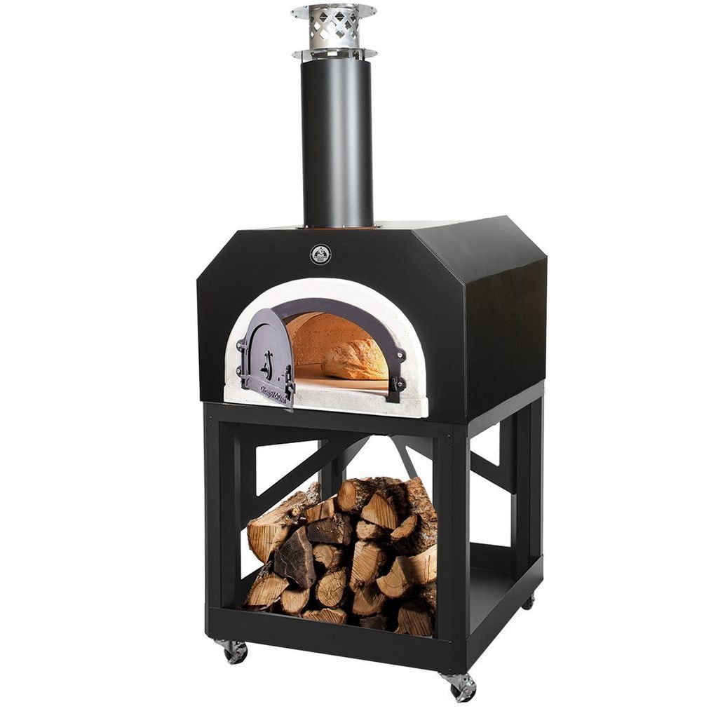 Chicago Brick Oven Mobile CBO 750 Freestanding Wood Fired Pizza Oven in Black Solar CBO-O-MBL-750-BS with Door Open Cooking Bread