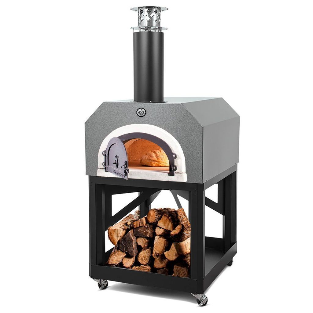 Chicago Brick Oven Mobile CBO 750 Freestanding Wood Fired Pizza Oven in Silver Vein CBO-O-MBL-750-SV with Door Open Cooking Bread