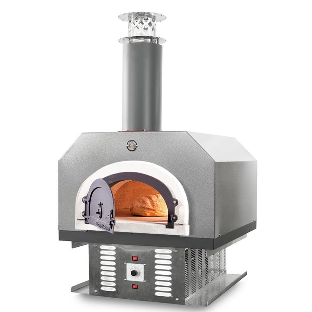Chicago Brick Oven CBO 750 Hybrid Countertop Gas and Wood Fired Pizza Oven in Silver Vein with Door Open Cooking Bread