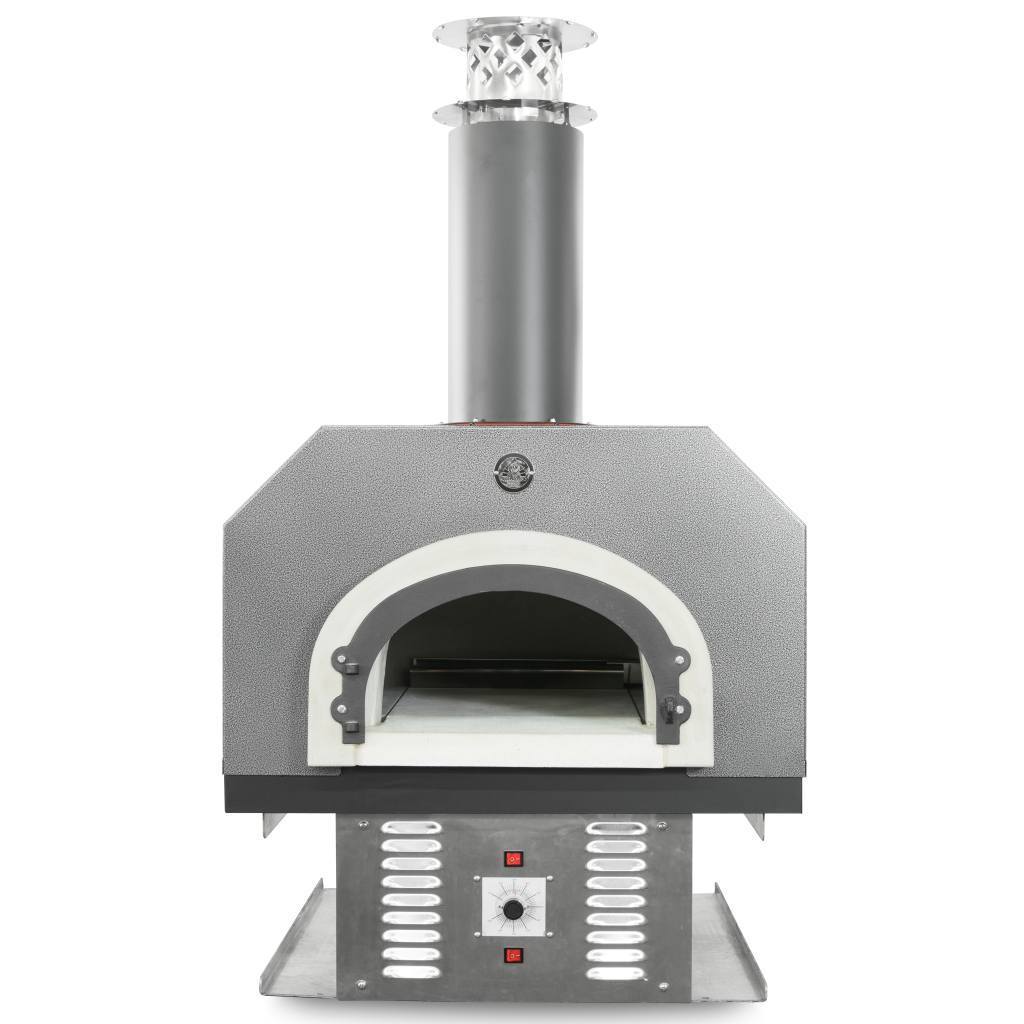 Chicago Brick Oven CBO 750 Hybrid Countertop Gas and Wood Fired Pizza Oven in Silver Vein with Door Open Close Up View