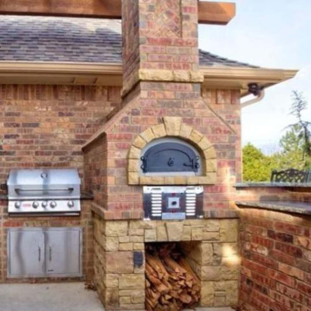 Chicago Brick Oven CBO 750 Hybrid Gas and Wood Fired Pizza Oven DIY Kit Installed in Custom Built Brick Outdoor Kitchen with Grill