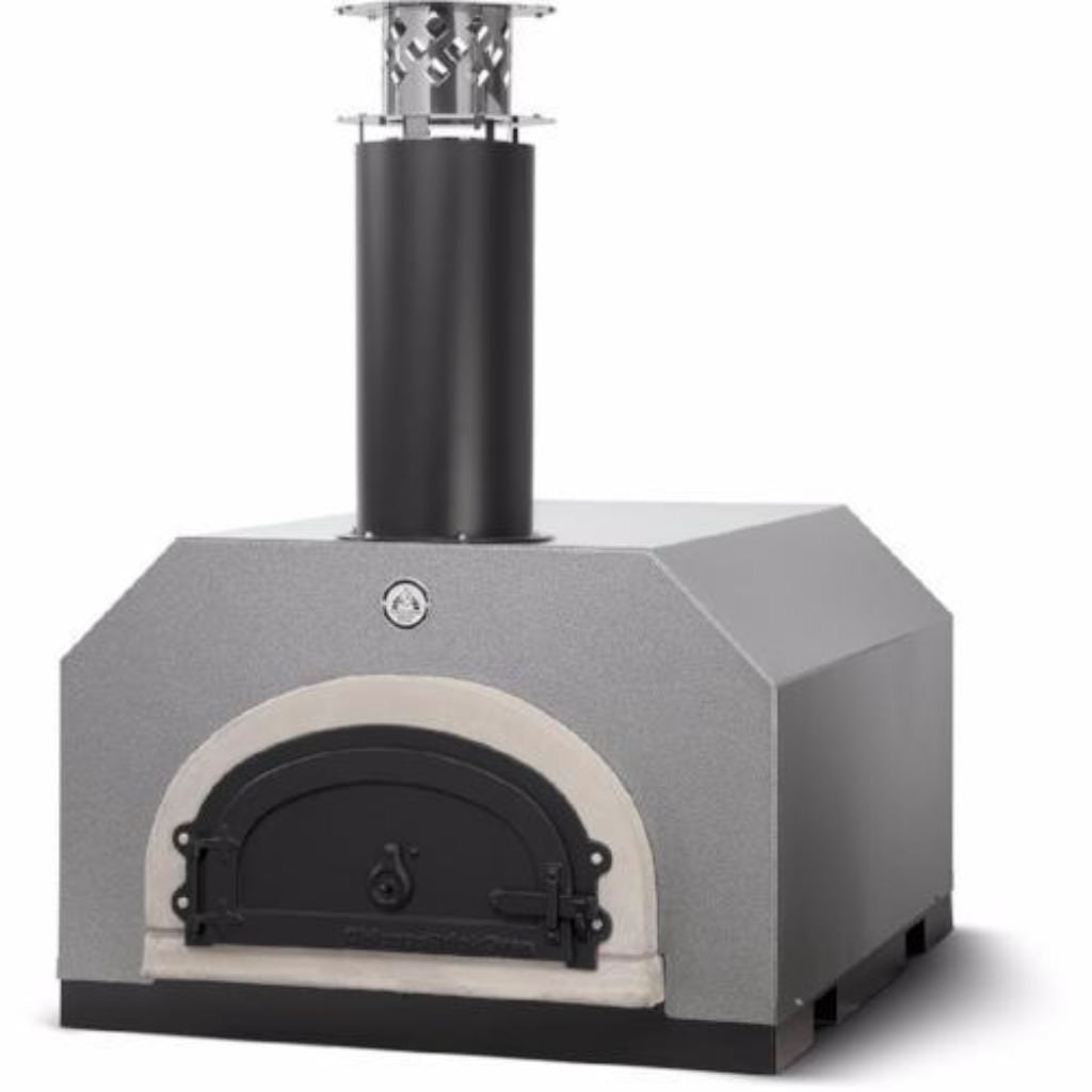 Chicago Brick Oven CBO 750 Commercial Wood Fired Pizza Oven Trailer Silver Vein Oven on Trailer Close Up View