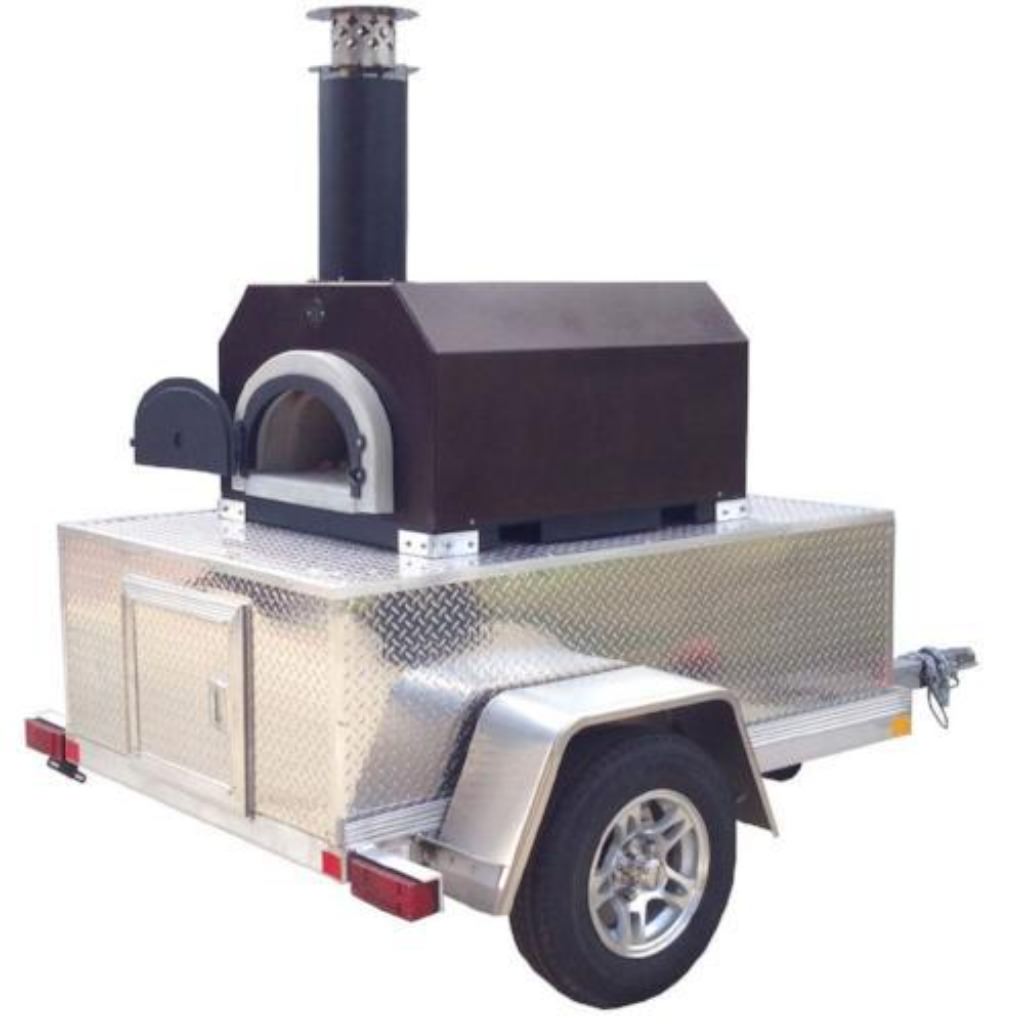Chicago Brick Oven CBO 750 Commercial Wood Fired Pizza Oven Trailer in Copper Vein Right Side View with Oven Door Open