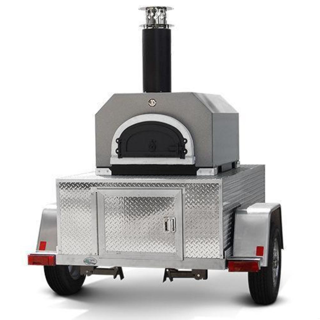 Chicago Brick Oven CBO 750 Commercial Wood Fired Pizza Oven Trailer in Silver Vein Front View