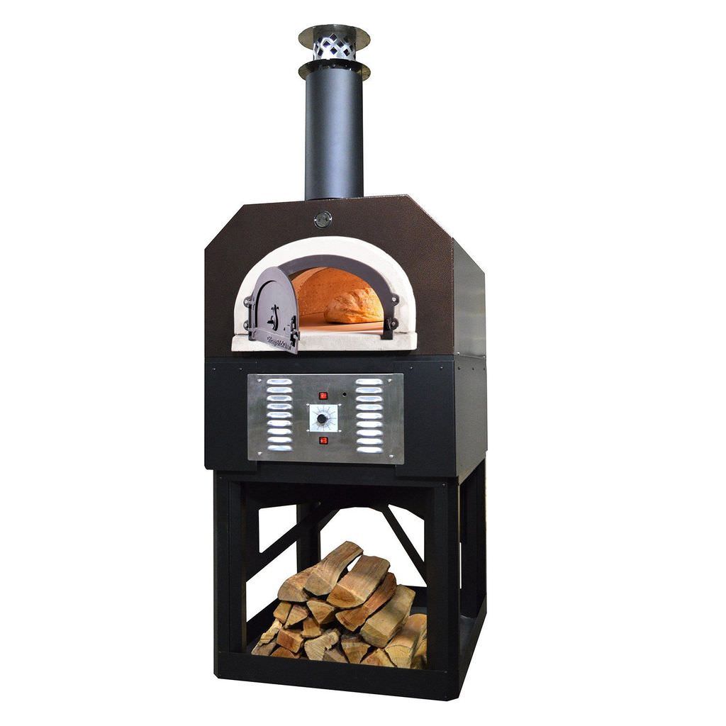 Chicago Brick Oven Hybrid Stand CBO 750 Freestanding Gas and Wood Fired Pizza Oven in Copper Vein with Door Open Cooking Bread