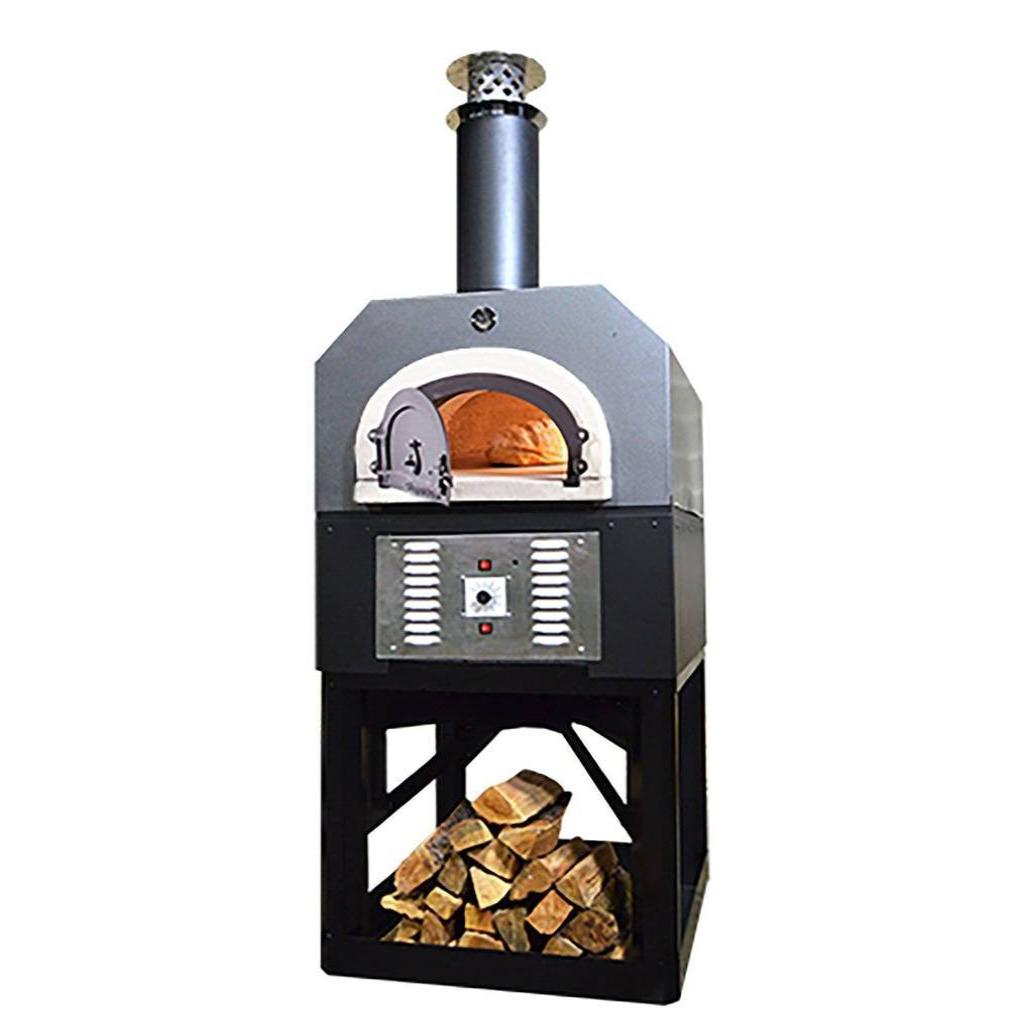 Chicago Brick Oven Hybrid Stand CBO 750 Freestanding Gas and Wood Fired Pizza Oven in Silver Vein with Door Open and Cooking Bread