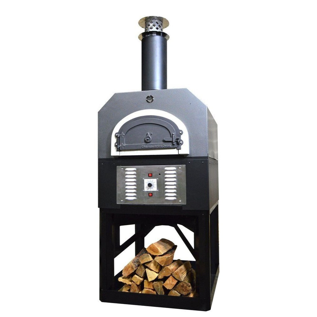 Chicago Brick Oven Hybrid Stand CBO 750 Freestanding Gas and Wood Fired Pizza Oven in Silver Vein with Door Closed