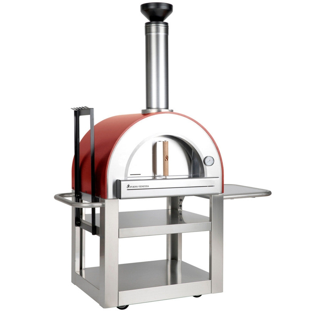 Forno Venetiza Pronto 500 Red outdoor pizza oven front view with door closed and side shelf up.