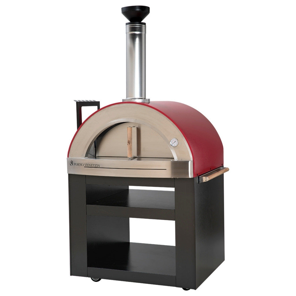 Forno Venetzia Torino 300 Mobile Wood Fired Pizza Oven in Red with Black Cart.