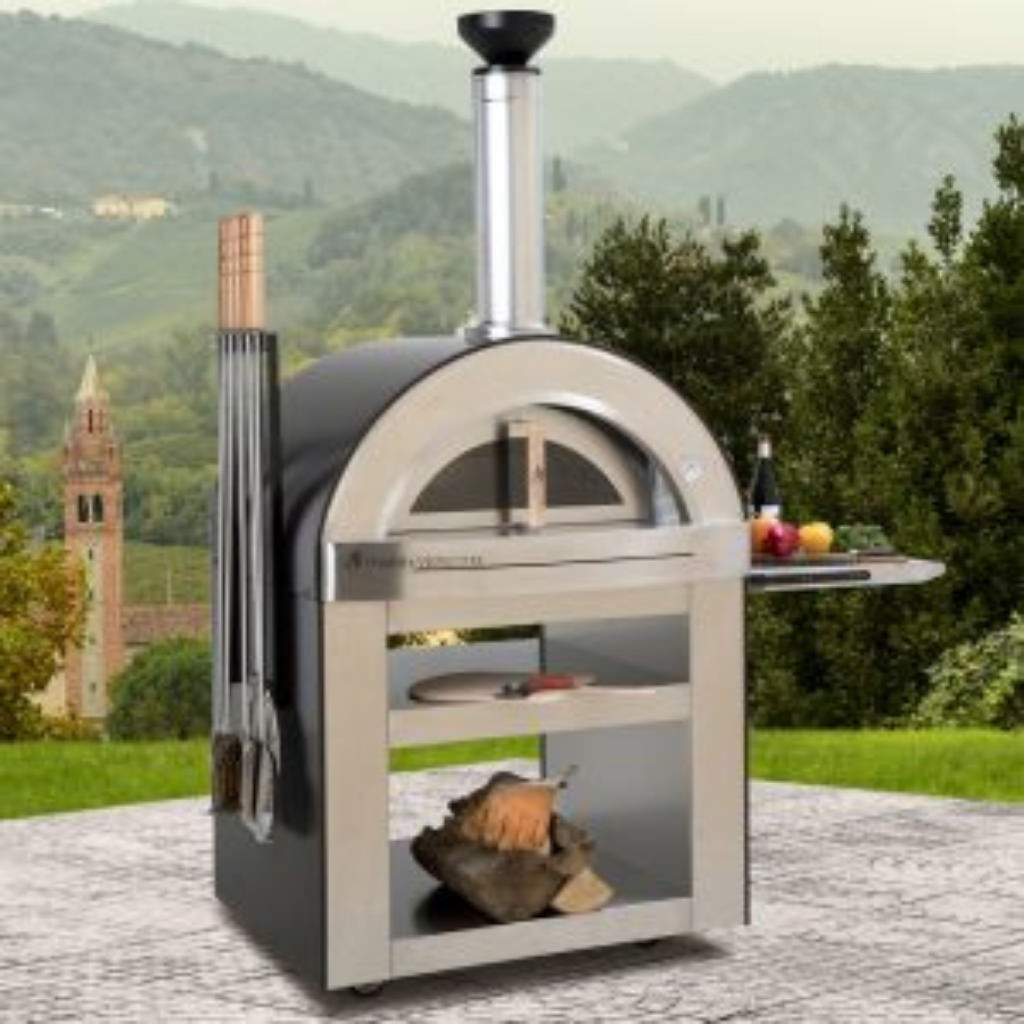 Forno Venetzia Torino 500 Mobile Wood Fired Pizza Oven in Back Yard Patio.